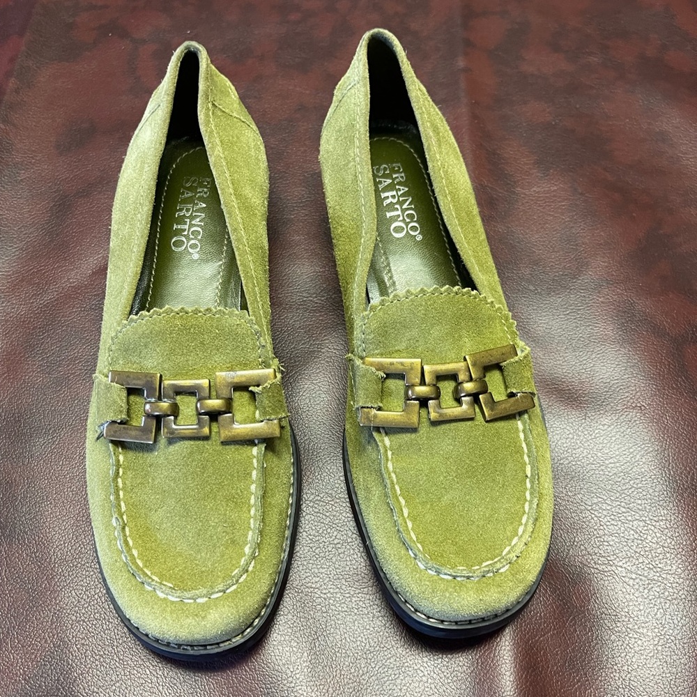 Franco Sarto green suede loafers with gold buckle, size 6 medium
